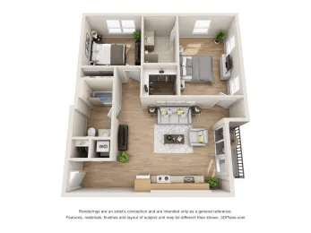 a spacious floor plan with bedrooms and a large living room